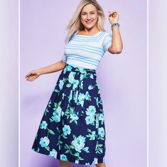 Talbots Navy Piper Pleated Midi Skirt SZ 20W Plus Size A Line full skirt floral - Picture 2 of 11